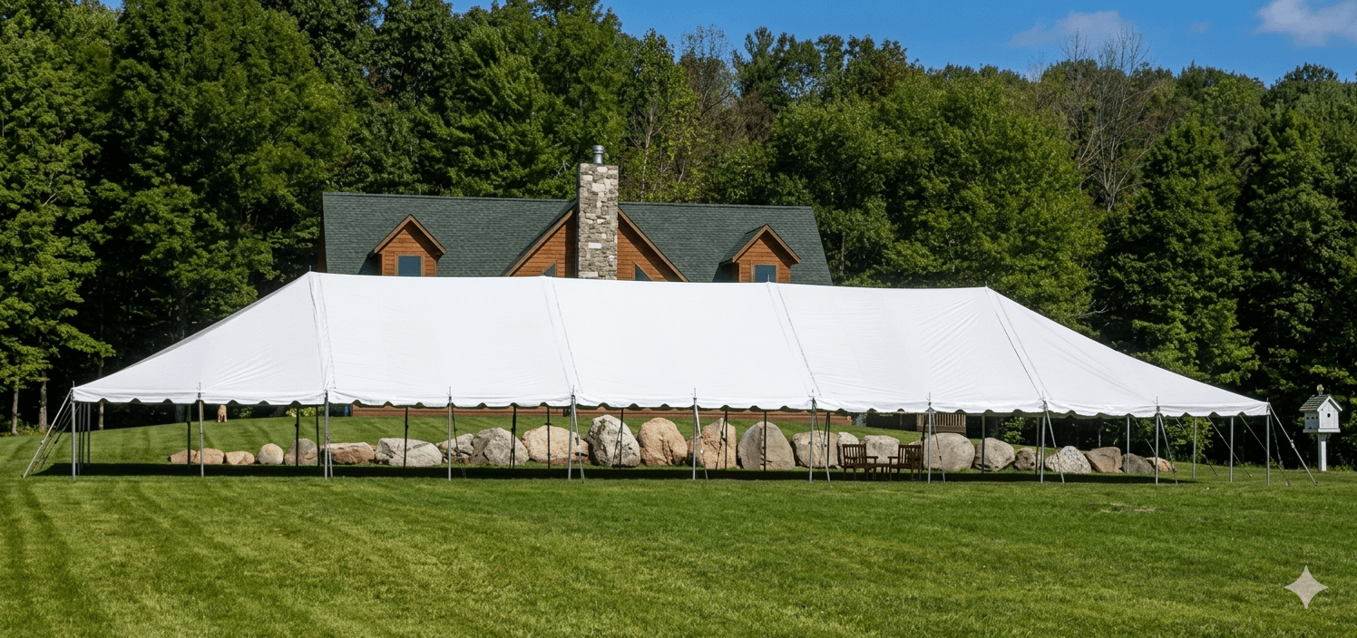 A large white event tent set up on a lawn in Jackson, MI